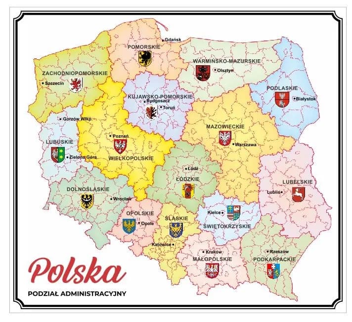Szczegółowa mapa polski z podziałem na województwa